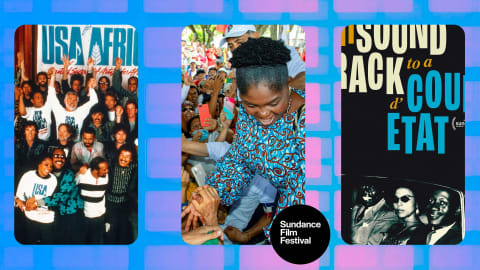 a collage image on a blue and purple backdrop, three images, from left: a studio full of musicians, a black woman in a crowd, a film poster with blue, yellow and white text and a black and white image of black people in a car.