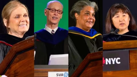 A photo-collage showing four people wearing commencement gowns and standing at speakers' podiums bearing the SVA logo. 