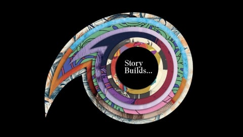 apostrophe with layers of images leading inwards to a black circle that says Story Builds...