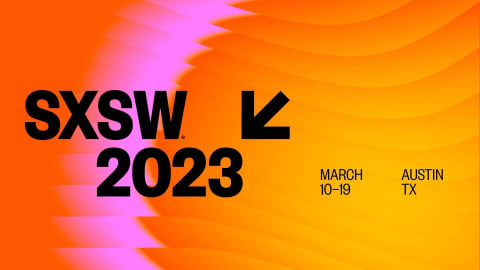 The SXSW logo on top of an orange and fuchsia backdrop.