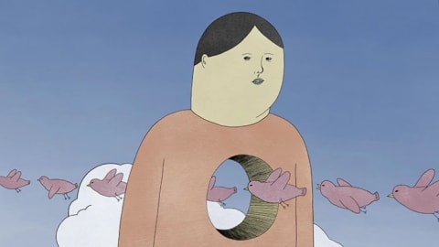 Illustration by Tae Kim, MFAI, featuring one human figure in a beige shirt and blue pants standing middle of the image with a hole on his chest.  There are pink birds passing through the hole in the blue sky and white clouds background. 