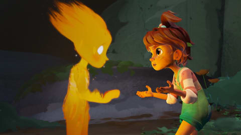 Still from a 3D animated movie. A young child made out of fire and a human child stand face to face. 