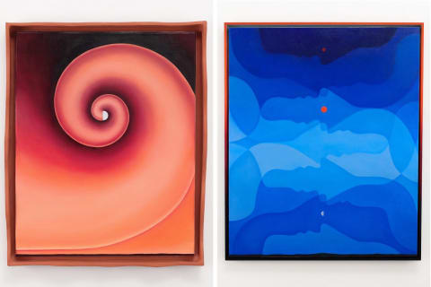 Two oil paintings side by side: the first one is a spiral in peachy warm tones, and the second one is several silhouetted profiles overlayed against each other in varying blue shades. with three red dots aligned vertically on the center, resembling different phases of the moon. 