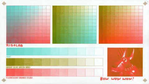 A print of 3 color charts, showing the interaction of 3 different Risograph inks.