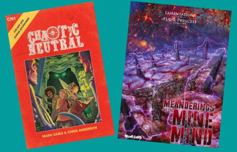 Two book covers next to each other: Chaotic Neutral - a comic book and Dungeons & Dragons adventure module by Mark Sable, and Meanderings of the Mine Mind.
