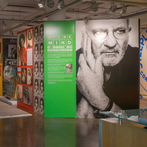 Gallery view of Wilde Mind: A life in fragments, features several walls printed with images and colorful patterns. At the entrance a green wall with white text lists the name of the exhibition and a description of it, next to a large black and white portrait of a man.
