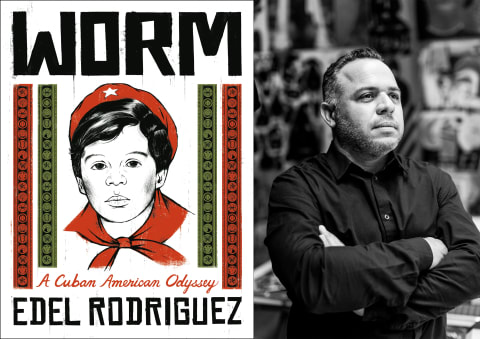 Two images. On the left: Cover of Worm, A Cuban American Odyssey by Edel Rodriguez depicts a black and white illustration of a young boy wearing a bright red handkerchief around his neck and a hat with a star. Green and red graphic decorations on both sides. On the right: Black and white picture of Edel Rodriguez standing with his arms crossed looking ahead to the left.  