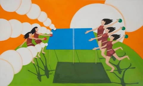 Painting of a ping pong table surrounded by 6 figures with paddles against an orange sky.