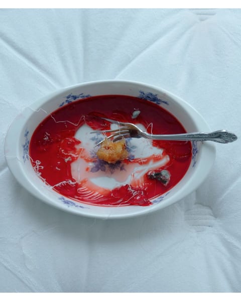  Image of a bowl of rotten jello, peach pit on a bent fork, and lines connected.