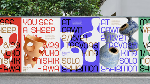 Posters from a branding system for Sculpture Space by Ziying Wu, BFA Design. The posters are shown pasted on a wall along a city street. The multi-colored posters use a modern geometric typeface against silhouetted images of various sculptures.