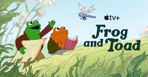 A cartoon scene of a green frog and orange toad waving at a blue dragonfly wearing a little beige hat. To the right of them is the title "Frog and Toad" in dark green.