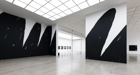 An installation of black and white paintings done directly onto the walls of a big gallery space
