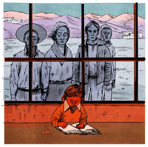 An illustration of a young girl reading a book in front of a window of people watching