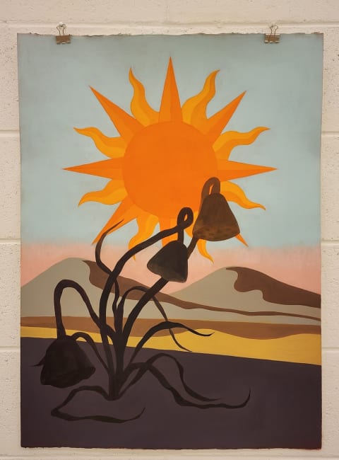 A painting of a dark, dead flower in the foreground. In the background is a bright orange sun hanging over a desert.