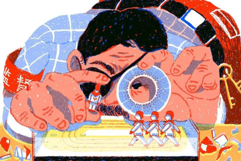 A digital drawing of a man with an eyepatch closely examining four marching toy figures