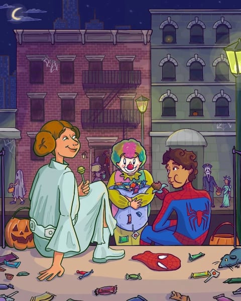 An illustration of three young people dressed in costumes sitting outside on the sidewalk. Their costumes include spider man, a clown, and Princess Leia