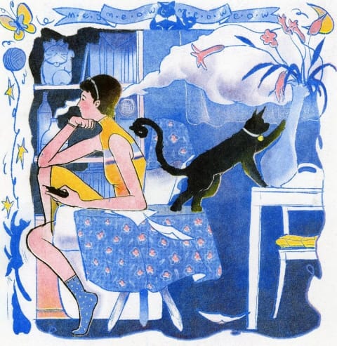 A riso print of a woman with short black hair sitting on a chair while a black cat climbs on the table behind her and reaches for a plant. The color palette is primarily blue and yellow.