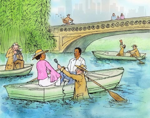 An illustration of the lake in central park with various couples rowing in boats. One couple is being approached by a reporter who is standing in the water..
