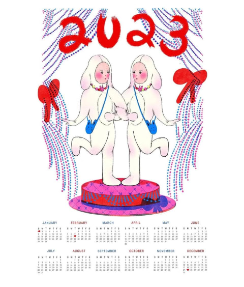 An illustrated calendar featuring two people in white bunny costumes linking arms