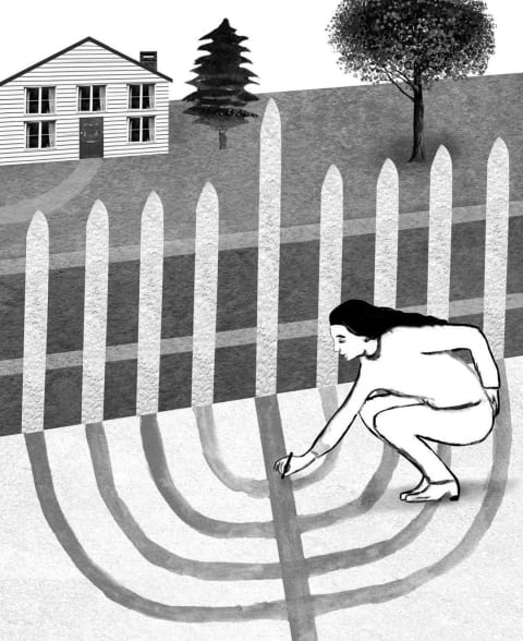 A black and white illustration of a woman painting the ground to look like a menorah, using the spikes of a fence as candles