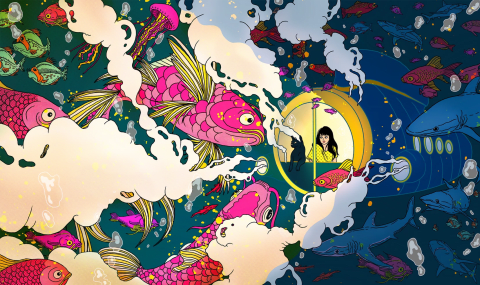 A colorful illustration of a submarine diving underwater, surrounded by bright koi fish.
