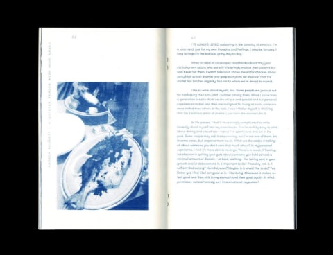 A scan of a book spread featuring text on the right and a blue and white image of a fish on the plate to the left