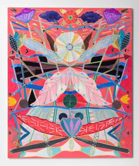 An abstract painting of shapes and leaf motifs on top of a hot pink background. The foreground shapes follow a blue and purple color scheme. There is a white flower at the center.