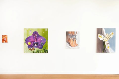 A wall of 4 paintings. Left to right: a small painting of a flower, a larger painting of a purple flower pierced with jewelry, a painting of feet, and a painting of another flower that has been pierced.