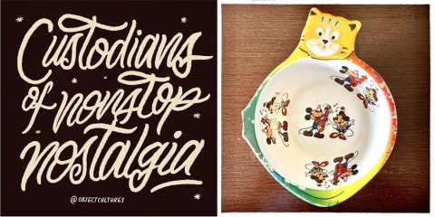 Left to right: an image of text that reads "custodians of nonstop nostalgia", a photo of a bowl with a cat head on the outside, and images of Mickey Mouse and Minnie Mouse on the inside.
