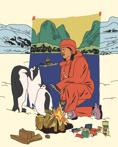 An illustration of a woman in a red snow suit sitting with black and white penguins by a fire. Behind them is a body of water and large glaciers.