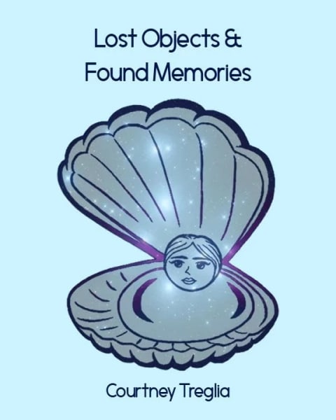 A blue book with an illustration of a clam open to a pearl that is also a woman's head. Above the illustration is the title "Lost Objects & Found Memories"