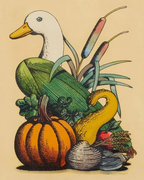 Image of a duck with vegetables in front of it's body, forming the rough outline of the duck