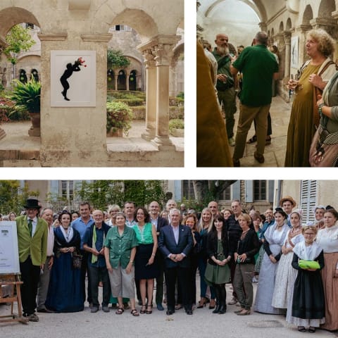 Top left: an image of a screen print featuring a silhouette of a man blowing into a flower hung up on a pillar in front of a cloister. Top right: a woman in a mustard dress holds a drink and listens to someone out of frame speak. There are pillars in the background where more artworks are hung. Bottom: a group photo of many people, most of them are wearing green.