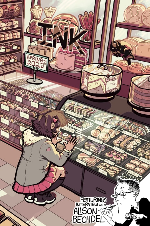 A girl bends down to look at a glass case of pastries at a bakery counter. Her hair is a brown bob with a pink barrette in it. Behind the counter is the word "INK"