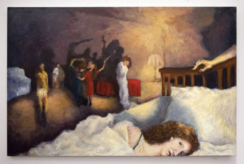 An impressionist-style painting of a woman in bed awake looking worried as five figures inhabit the room behind her. The room is purple and illuminated by a single light.