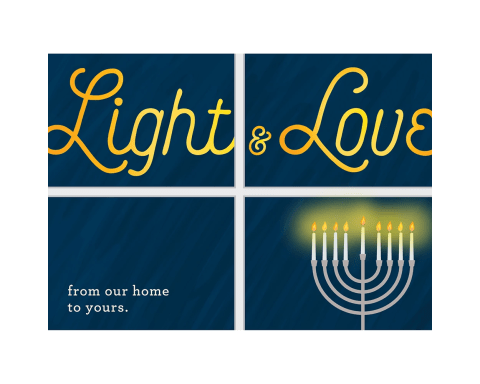 A greeting card with "Light & Love written across the top in script, and a menorah in the lower right hand side with all candles lit 