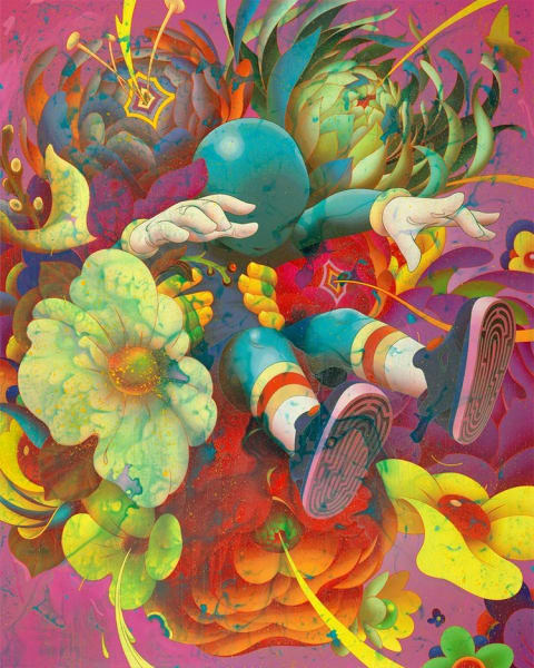 A painting of a blue figure falling backwards into a cloud of colorful flowers against a purple background