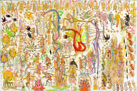 A painting of many creatures similar to monkeys, lizards, elephants, and birds filling up the canvas. They are all different colors, but primarily yellow. 