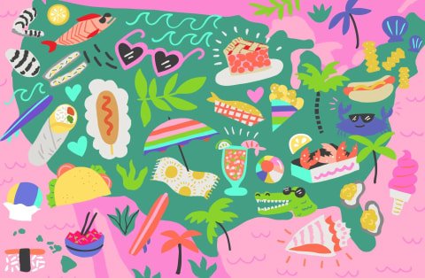 An illustration of the map of the United States with various summer-time foods on top. The sea is pink and the land mass is green. Foods include tacos, fish, corndogs, hot dogs, ice cream, and more.