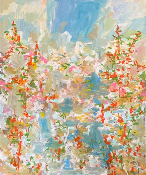 An abstract floral painting in blues, pinks, reds and browns