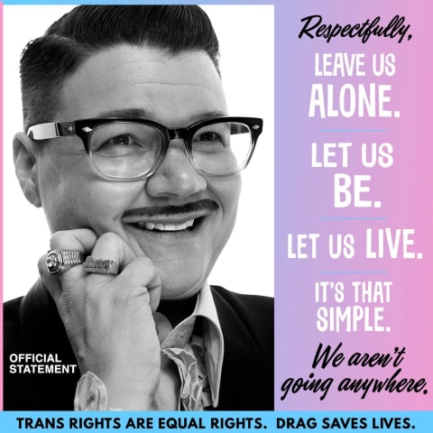 An instagram post featuring a man resting his face on his hand and smiling. To the right is a gradient of purple and pink with white text.