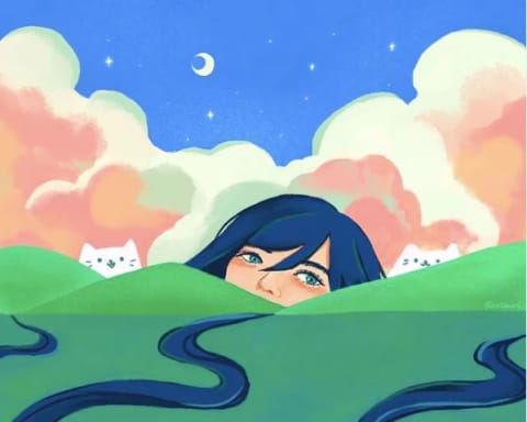 An illustration of a landscape featuring rivers leading to low green mountains on the horizon. Peeking up behind the mountains are two cat heads and one human head. Behind them are colorful clouds and a night sky.