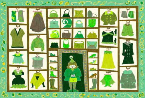 An illustration of a lady surrounded by bags and clothes on shelves, it's all green