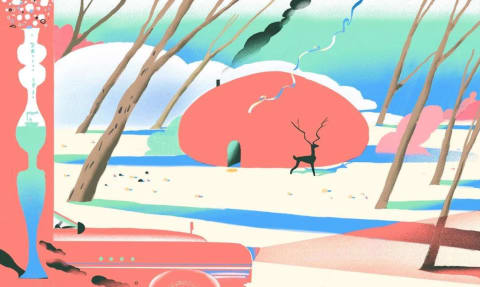 A bold illustration of a deer standing in front of a pink orb-shaped house on the beach