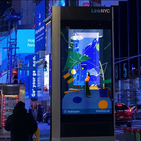 A new york city street with a LinkNYC unit displaying an illustrated image of a girl in an orange jacket staring up at the sky towards abstract shapes