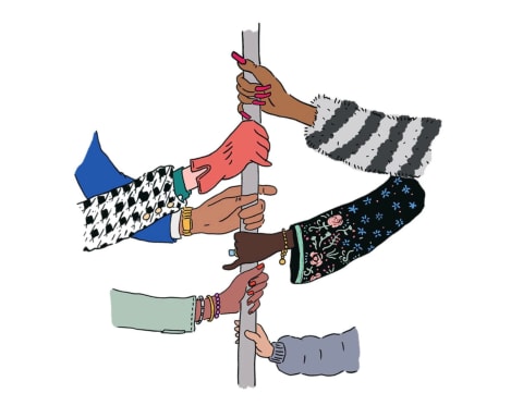 An illustration of various different hands in different skin tones and clothing holding onto the same subway pole.