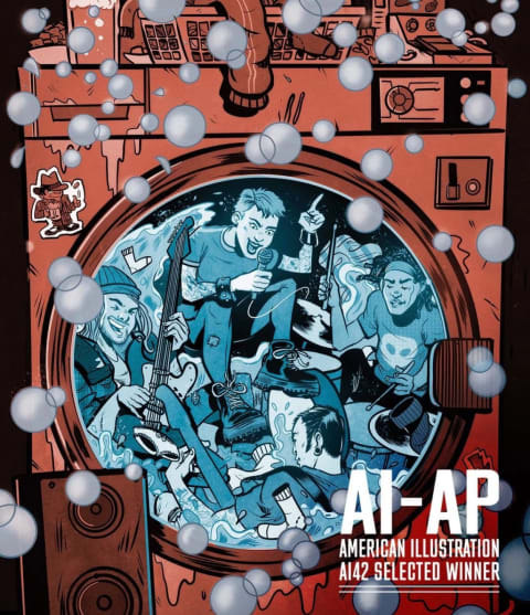 An illustration of a blue-toned rock band in a red washing machine on the cover of AI-AP magazine