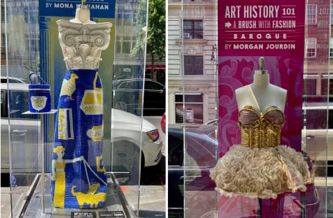 Two photos of art installations featuring costume dresses in glass boxes on the street. The dress on the left is made with a column as the bodice and a mosaic blue and yellow skirt. the dress on the right has a gold bodice and a ruffled tulle skirt.