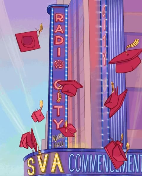 An illustration of red caps being thrown into the air in front of a purple-tinted Radio City Music Hall building.