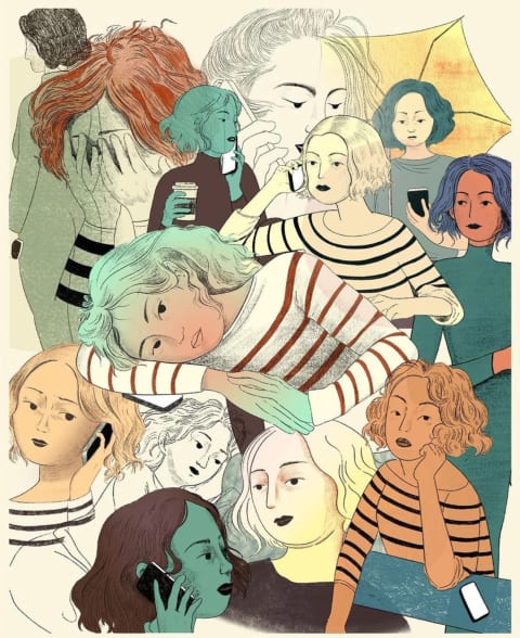An illustration of many women in oranges, greens, yellows and white tones looking tired, happy, distracted and in distress. They are all overlaid on top of each other.